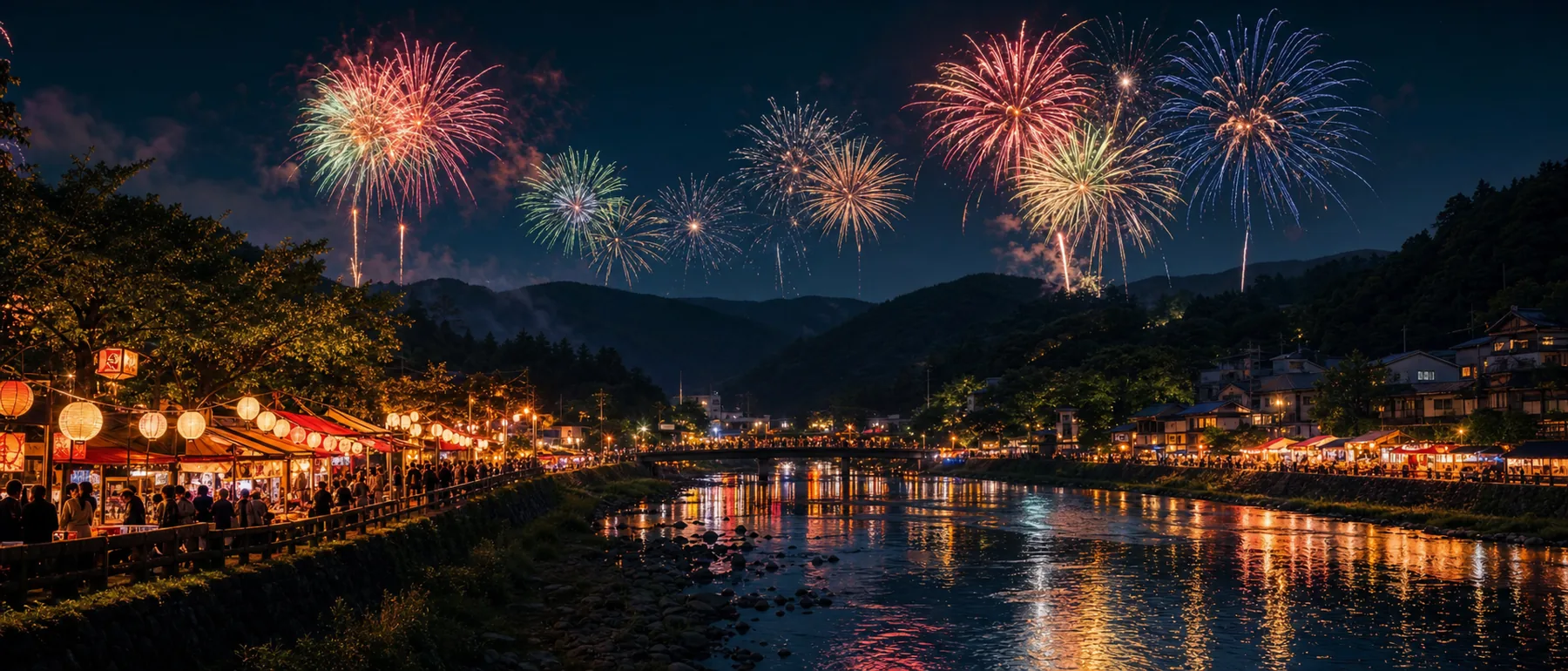 Fireworks over the fictional Hoshinogawa Hanabi festival