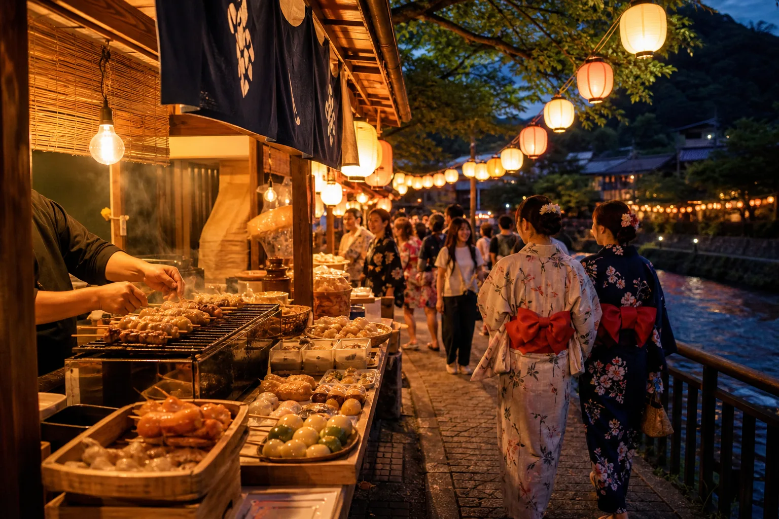 Festival food stalls and lanterns near a fictional riverside event
